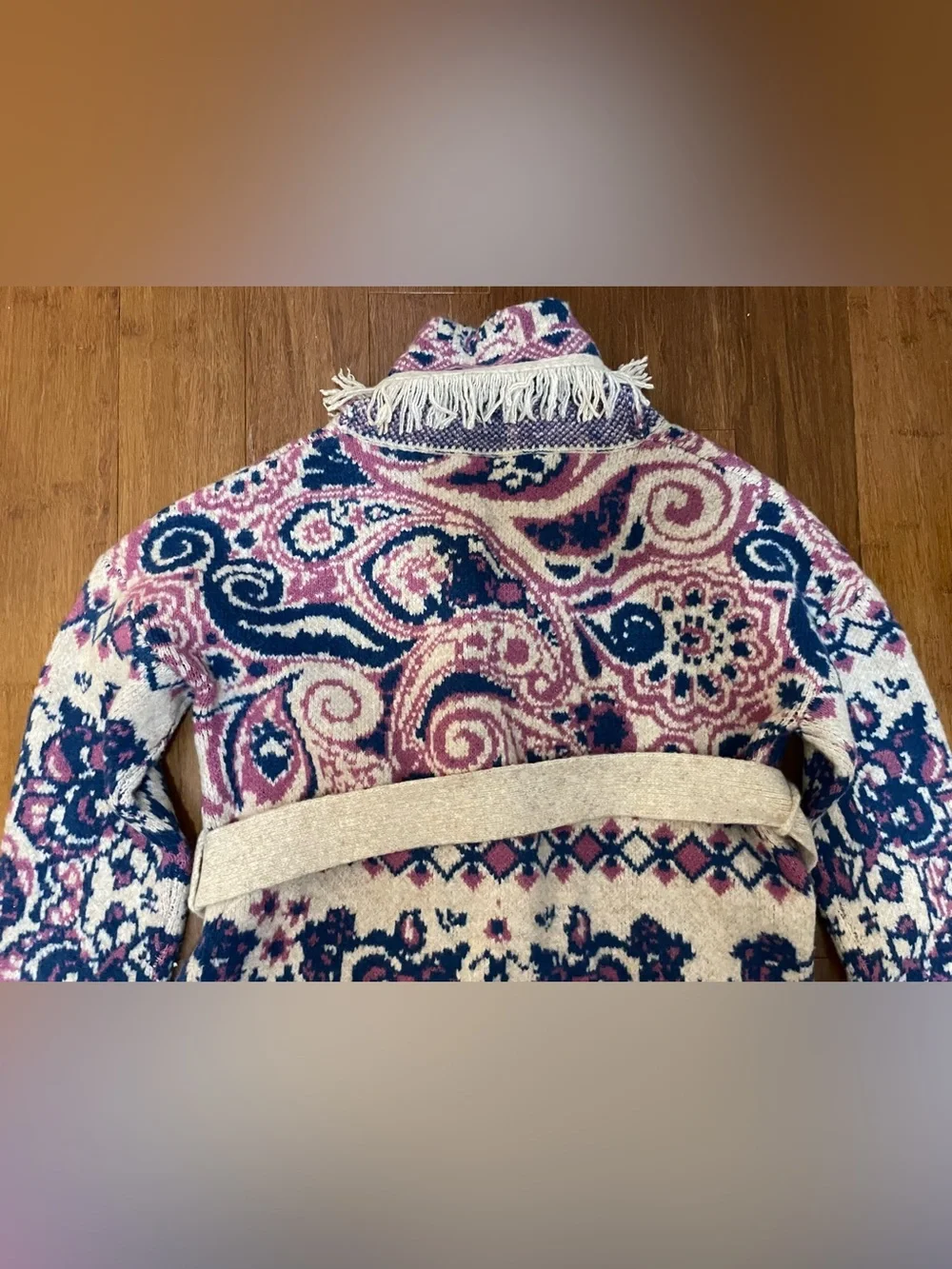 Hale Bob Sweater Jacket S Fringed HaisleyPink Blue Spectacular Cardigan